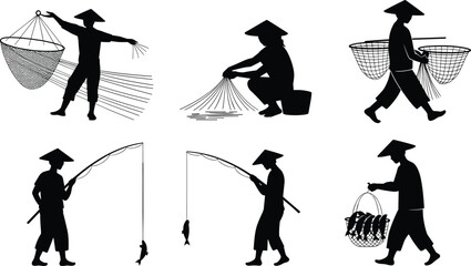 Traditional Asian fisherman silhouettes showing net casting, fish carrying, and rod fishing activities in cultural black vector illustration style © LatifunNahar