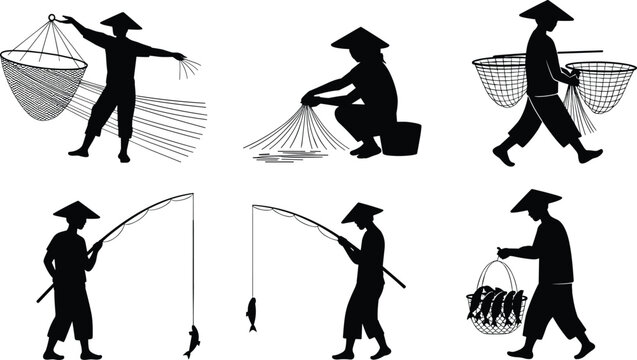 Traditional Asian fisherman silhouettes showing net casting, fish carrying, and rod fishing activities in cultural black vector illustration style