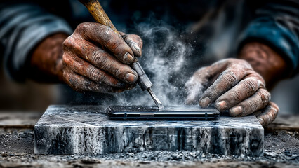 スマートフォンの画面を精密機械で修理している手元の様子