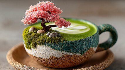 ティーカップの中に広がる満開の桜の盆栽と抹茶ラテ