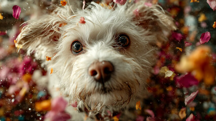 舞い散る花びらの中にいる白い小型犬のアップ
