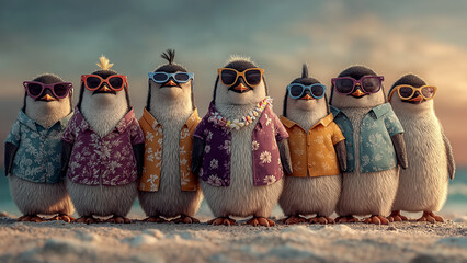 カラフルな服とサングラスを着用した5羽のペンギン