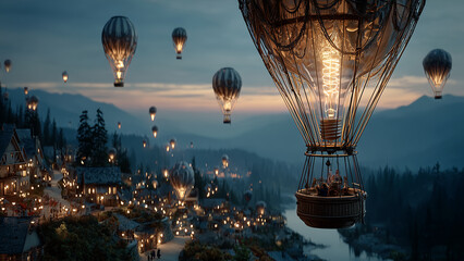 電球のような熱気球が幻想的に浮かぶ夜の街の風景