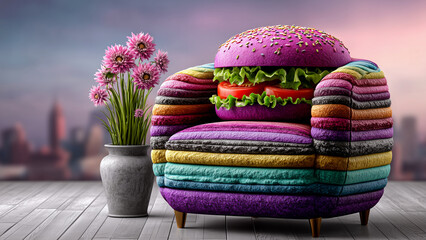 ハンバーガーの形をしたカラフルな一人掛けソファ