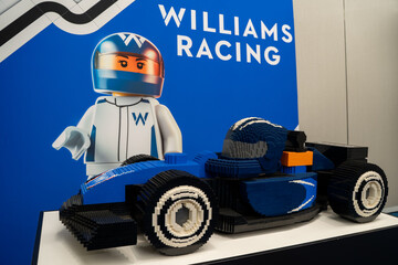 Fototapeta premium LEGO Formula style race car model with Williams Racing display. Toronto, Canada - February 18, 2026.
