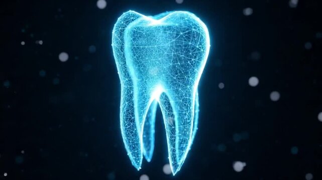 Blue glowing tooth illustration on dark background with particles and mesh