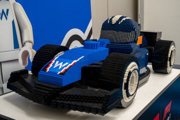 Fototapeta premium LEGO Formula style race car model with Williams Racing display. Toronto, Canada - February 18, 2026.