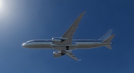 Airplane flying high in a clear blue sky with bright sun.