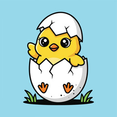 Fototapeta premium Cute yellow chick hatching from egg on blue background