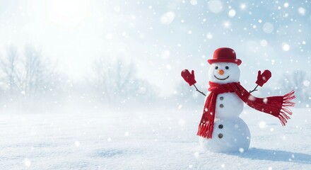 Fototapeta premium happy snowman with red hat and scarf standing in a snowy winter landscape