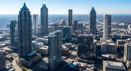 Fototapeta premium Aerial View of Downtown Atlanta Skyscrapers and Urban Landscape on a Clear Day.