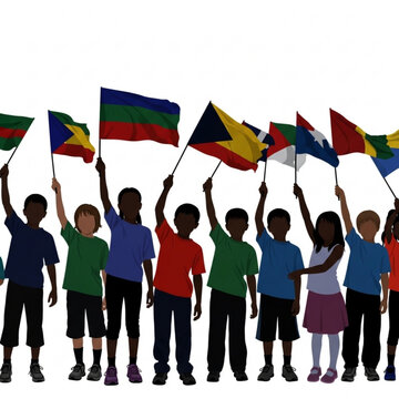 Diverse group of children holding flags together in a joyful scene