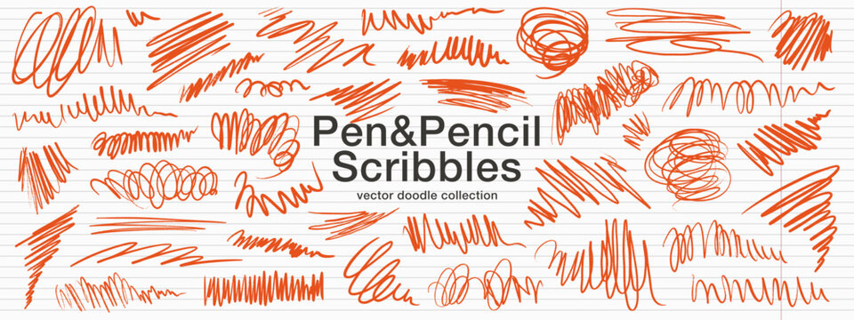 Orange pen and pencil scratches, scribble doodle lines and texture messy strokes.