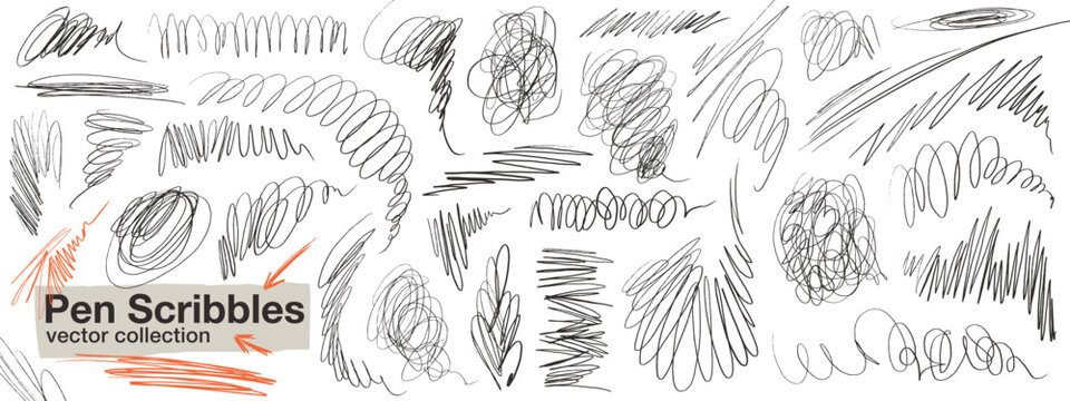 Pen scribble vector set, hand drawn scratches, lines and strokes. Vector dynamic sketches of pencil and pen
