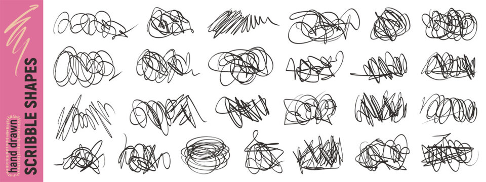 Set of messy pen scratches, scribble doodle shapes and hand drawn texture strokes. Vector dynamic sketches of black pen