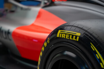 Naklejka premium Close up of Pirelli tire on Audi Formula 1 race car. Toronto, Canada - February 18, 2026.