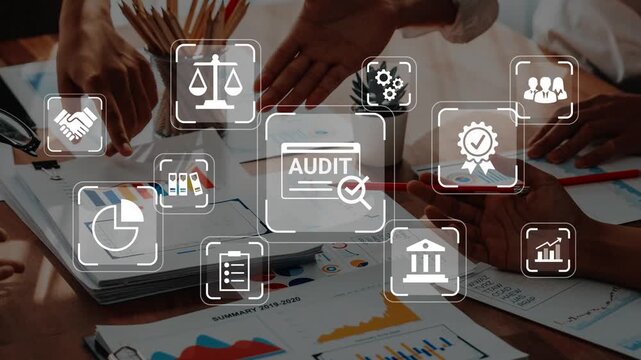 Business audit concept with icons representing teamwork, financial analysis, compliance, certification, and data review in a collaborative workspace setting Gluon.