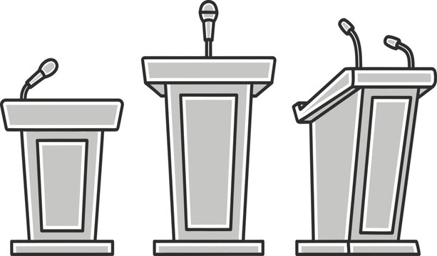 Three different types of lecterns with microphones on top for public speaking events