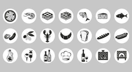 Various food and beverage icons are arranged in circular badges against a neutral gray background for culinary concepts.