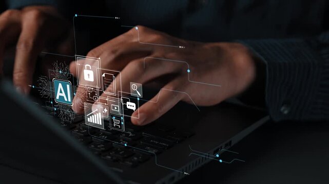Hands typing on a laptop keyboard with digital icons representing technology, security, artificial intelligence, and data analysis in a modern office setting Gluon.