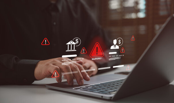 Businessman with financial warning icons and alert symbols, cybersecurity risk and fraud detection concept, online banking security, data breach prevention, financial compliance monitoring.