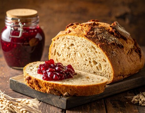 Indigenous bannock bread with berry jam, warm texture detail