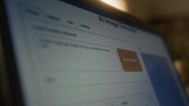 Close up shot of laptop screen with AI image generator website and prompt for mobile app design inputting in text field, shallow focus shifting, no people