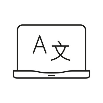 Laptop With Language Translation Icon. Multilingual Communication And Translation Software Outline Symbol. Language Learning And Global Connectivity. Editable Stroke. Isolated Vector Illustration