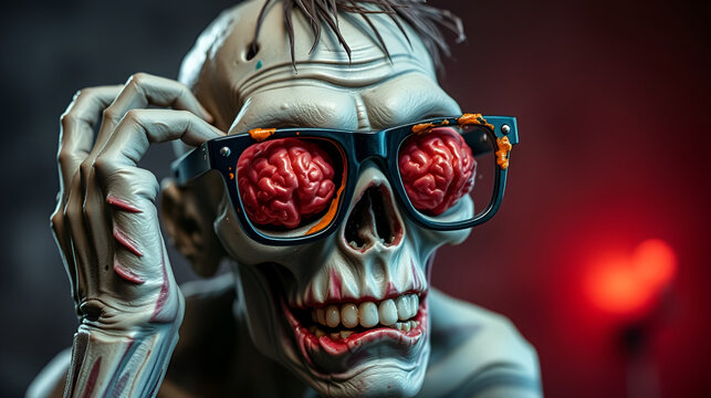 Zombie wearing 3d Glasses with Gross Yucky Brains