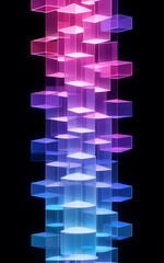 Fototapeta premium Neon-lit spiral staircase in vibrant pink, purple and blue hues against a dark background.