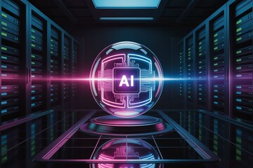 AI sphere in server room with neon lights