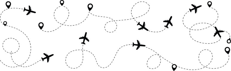 Multiple airplane flight paths with location pins, dotted travel routes aviation illustration concept
