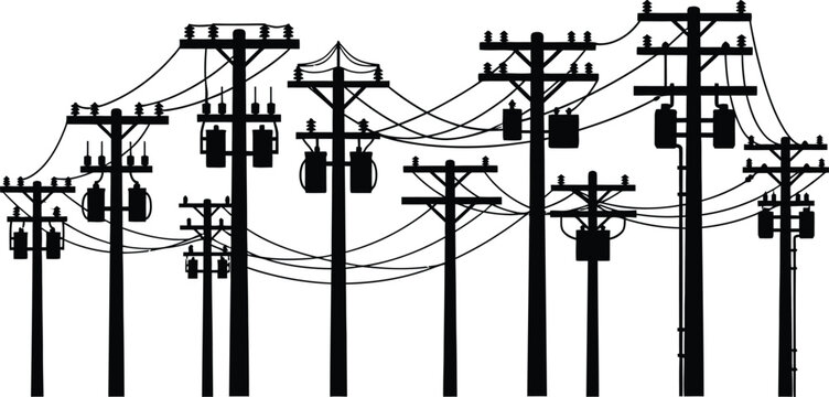 Black silhouette of multiple power poles with wires and transformers in a row