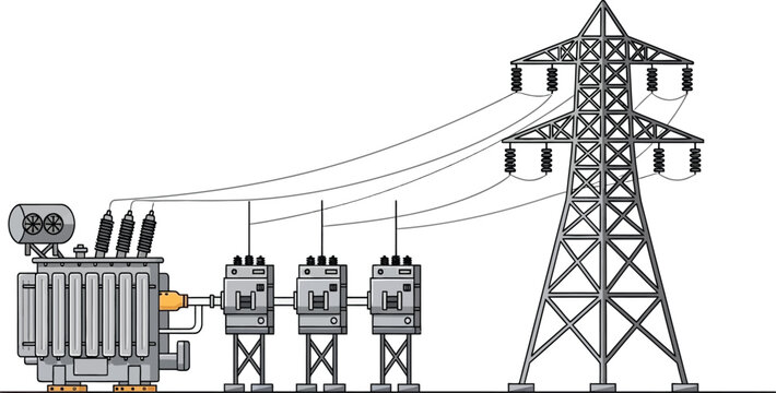 Electrical substation with power transmission tower and equipment for industrial and energy concepts