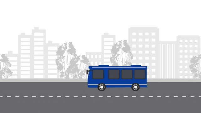 Public Transportation Animation. Blue Bus Drives and Picks Up Passengers at Stops. City Street. Bus, People, Road, Buildings Silhouettes. Loop Video in Gray, Black, Blue, White 