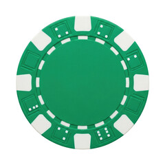 Naklejka premium Green casino poker chip with white checkered pattern and dice symbols isolated on a transparent background