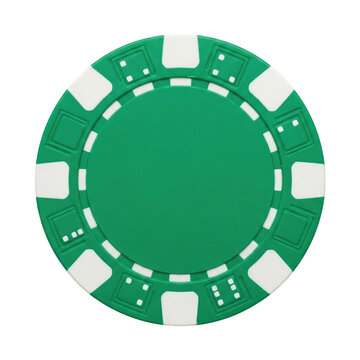 Green casino poker chip with white checkered pattern and dice symbols isolated on a transparent background