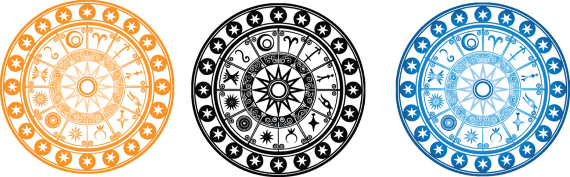 Astrology Zodiac Wheel Symbols Circular Ornate Designs Orange Black Blue