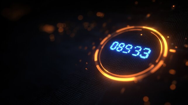Digital countdown timer with blue glowing numbers and orange rings on dark tech background, futuristic time display interface