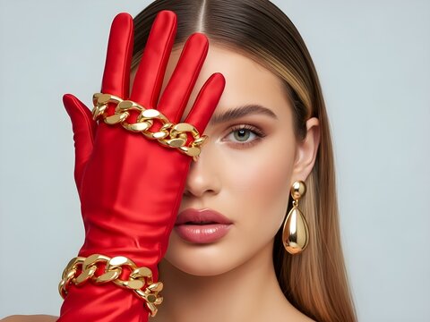 Glamorous close-up: woman partially covers face with red glove and gold chain bracelets, exuding chic style against neutral background.