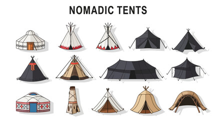 Illustration of twelve different styles of nomadic tents arranged in three rows © Kenywanch