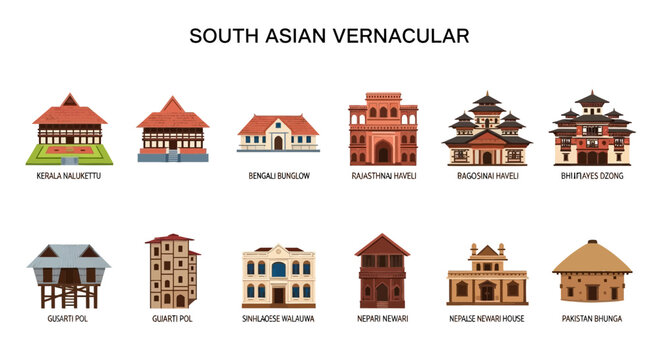 Illustration of twelve distinct South Asian vernacular architectural styles