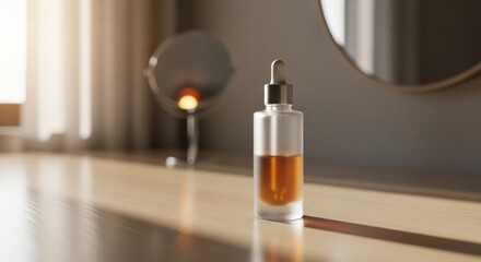 Luxury cosmetic bottle on a sleek wooden table with modern decor