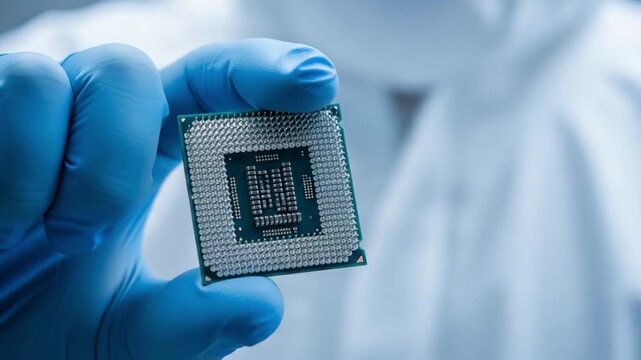 Hand in blue glove holding a microchip processor with a white background