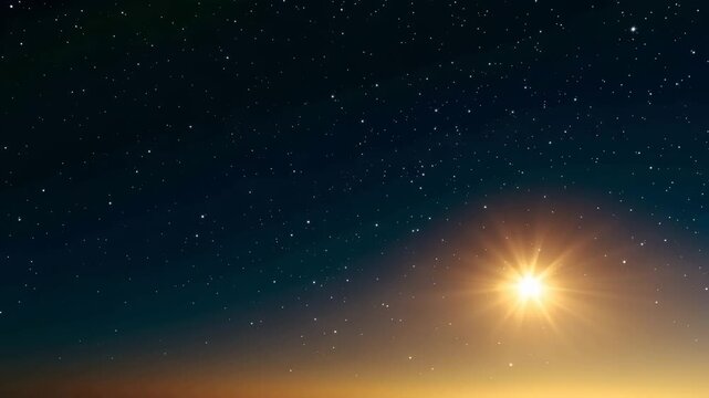 Bright star shining in the night sky over a gradient horizon, surrounded by twinkling stars and a deep blue to orange atmospheric transition