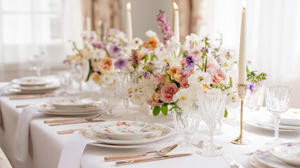 Elegant table setting for a special event displaying luxurious dinnerware, floral arrangement centerpiece, and romantic candlelight