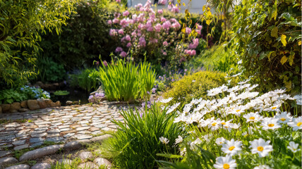 Obraz premium Garden stone path winding through lush greenery and blooming daisies, creating a serene and idyllic outdoor scene