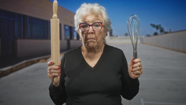 Elderly woman holds a rolling pin and metal whisk in her hands, frowning and pointing slightly in front of a building with windows, wearing colorful glasses and red nails; grumpy humor.