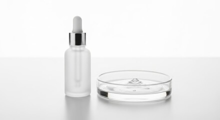 Clear glass dropper bottle and petri dish with liquid on reflective surface