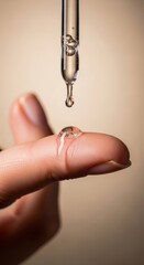 Drip falls from pipette onto human finger close-up view